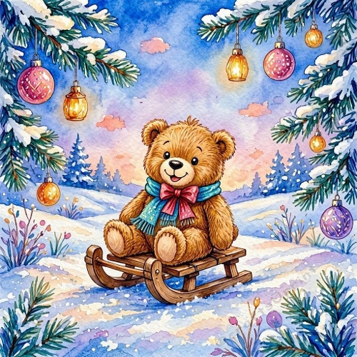 Seamless Aquarelle Winter Teddy Bear Sled Pattern Snow Evergreen Ornaments Lantern Glow Pastel Sky 8K Premium Design
