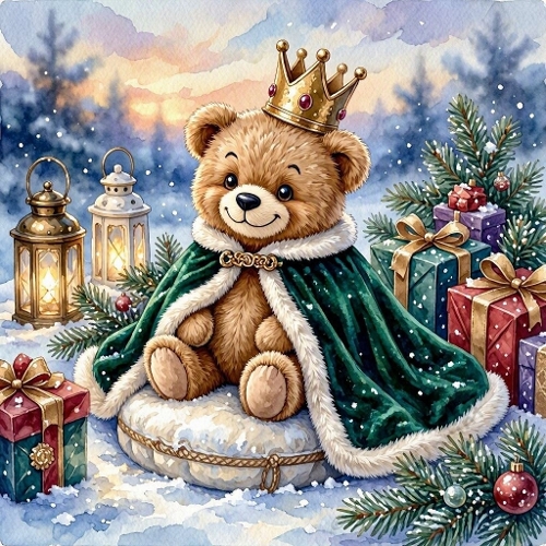 Watercolor King Teddy Bear – 1024×1024 Royal Bear & Christmas Gifts Scene