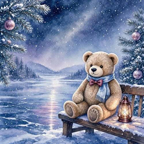 Watercolor Winter Teddy Bear – 1024×1024 Bear & Snowy Frozen Lake Scene