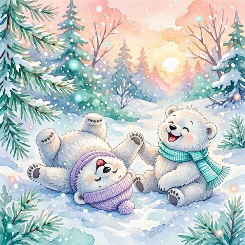 Seamless Aquarelle Winter Polar Bear Cubs Pattern Snow Forest Sunset Pink Glow Playful Scene 8K Premium Design