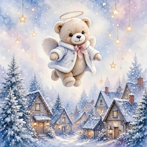 Watercolor Angel Bear – 1024×1024 Teddy Bear Angel & Snowy Village Scene