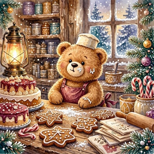 Seamless Aquarelle Christmas Baking Teddy Bear Pattern Gingerbread Cookies Cakes Lantern Cozy Kitchen Winter Scene 8K Premium Design