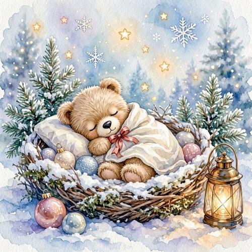 Watercolor Sleeping Bear – 1024×1024 Sleeping Teddy Bear & Cozy Nest Scene