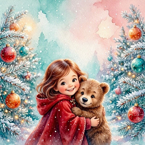 Watercolor Christmas Girl – 1024×1024 Little Girl & Teddy Bear Scene