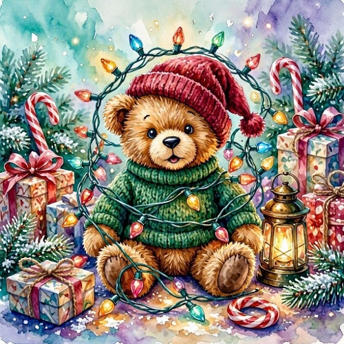 Seamless Aquarelle Christmas Teddy Bear Lights Pattern Gifts Candy Canes Lantern Snow Evergreen Cozy Scene 8K Premium Design