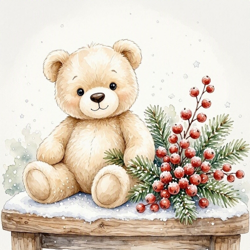 Seamless Aquarelle Winter Teddy Bear Pattern Snow Evergreen Berries Cozy Scene Soft Pastel 8K Premium Design
