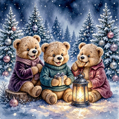 Seamless Aquarelle Christmas Teddy Bears Forest Pattern Snow Trees Lantern Gift Cookie Cozy Winter Scene 8K Premium Design