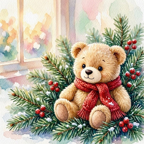 Seamless Aquarelle Winter Teddy Bear Pattern Pine Branches Red Berries Snow Cozy Window Light 8K Premium Design