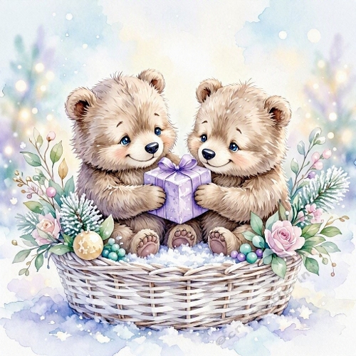 Seamless Aquarelle Winter Bear Cubs Basket Pattern Pine Flowers Berries Snow Pastel Cozy Scene 8K Premium Design