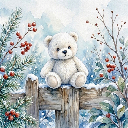 Seamless Aquarelle Winter Teddy Bear Pattern Snow Fence Pine Berries Cozy Scene Soft Blue 8K Premium Design
