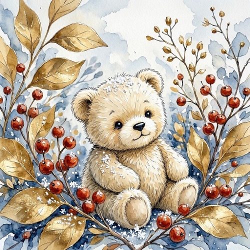 Seamless Aquarelle Winter Teddy Bear Pattern Golden Leaves Red Berries Snow Cozy Blue Scene 8K Premium Design