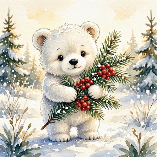 Seamless Aquarelle Winter White Bear Pattern Snow Pine Berries Cozy Forest Scene 8K Premium Design