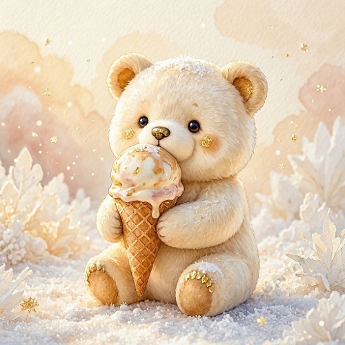 Seamless Aquarelle Winter Teddy Bear Ice Cream Pattern Snow Foliage Pastel Cozy Scene 8K Premium Design