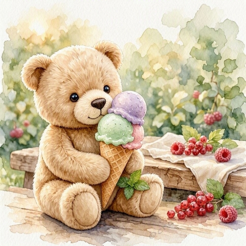 Seamless Aquarelle Summer Teddy Bear Ice Cream Pattern Bench Berries Garden Pastel Cozy Scene 8K Premium Design