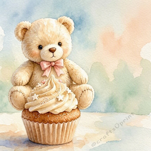 Seamless Aquarelle Teddy Bear Cupcake Pattern Pastel Frosting Stars Cozy Sweet Scene 8K Premium Design