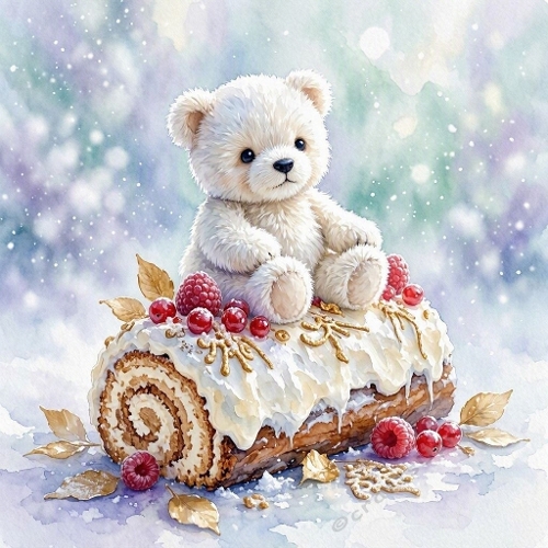 Seamless Aquarelle Christmas Teddy Bear Yule Log Pattern Snow Berries Golden Leaves Pastel Cozy Scene 8K Premium Design
