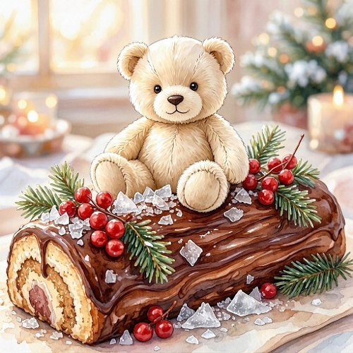 Seamless Aquarelle Christmas Teddy Bear Chocolate Yule Log Pattern Evergreen Berries Snow Cozy Scene 8K Premium Design