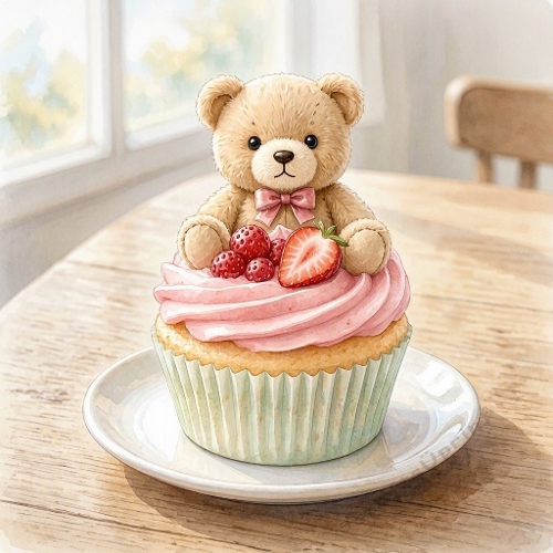 Seamless Aquarelle Teddy Bear Cupcake Pattern Pink Frosting Berries Cozy Pastel Dessert Scene 8K Premium Design