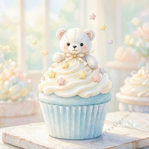 Seamless Aquarelle Teddy Bear Cupcake Pattern Blue Frosting Stars Pastel Cozy Dessert Scene 8K Premium Design