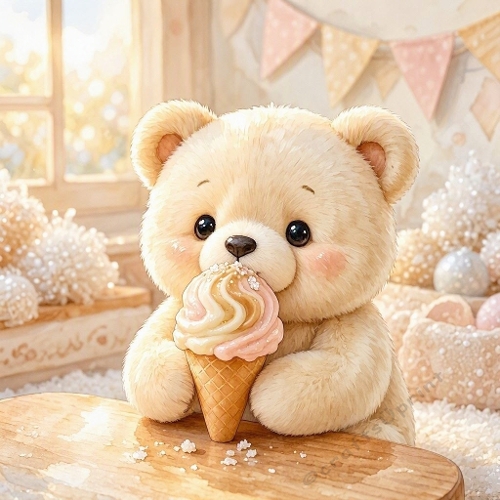 Seamless Aquarelle Teddy Bear Ice Cream Pattern Pink Swirl Pastel Cozy Dessert Scene 8K Premium Design