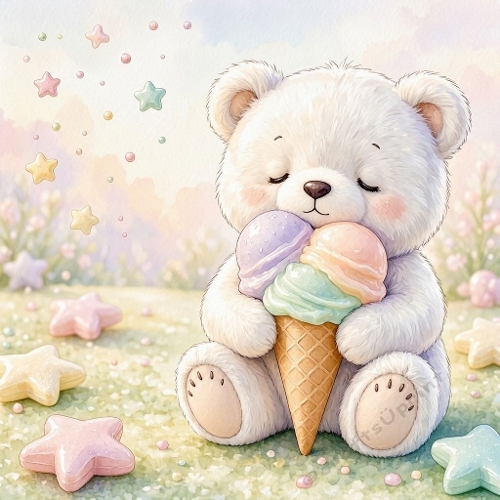 Seamless Aquarelle Teddy Bear Ice Cream Pattern Pastel Stars Soft Dreamy Scene 8K Premium Design