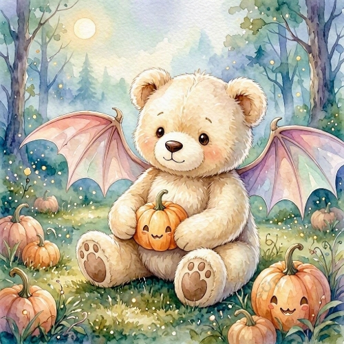 Seamless Aquarelle Halloween Teddy Bear Pattern Bat Wings Pumpkins Forest Fantasy Cozy Scene 8K Premium Design