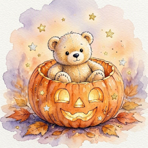 Seamless Aquarelle Halloween Teddy Bear Pumpkin Pattern Autumn Leaves Stars Pastel Cozy Scene 8K Premium Design