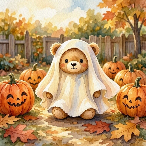 Seamless Aquarelle Halloween Teddy Bear Ghost Pattern Pumpkins Autumn Leaves Cozy Forest Scene 8K Premium Design