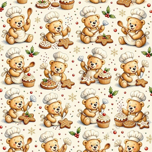 Seamless Aquarelle Christmas Teddy Bear Baker Pattern Cookies Cupcakes Holly Snowflakes Cozy 8K Premium Design