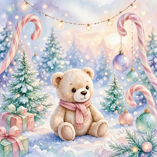 Seamless Aquarelle Christmas Teddy Bear Winter Pattern Candy Canes Ornaments Gifts Snow Cozy Scene 8K Premium Design