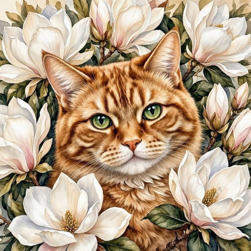 Seamless Aquarelle Tabby Cat Magnolia Pattern Floral Green Leaves Soft Elegant Scene 8K Premium Design