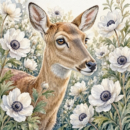 Seamless Aquarelle Deer Anemone Floral Pattern White Flowers Green Foliage Elegant Nature Scene 8K Premium Design
