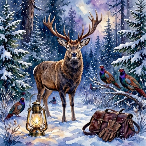 Seamless Aquarelle Winter Stag Forest Pattern Lantern Snow Pheasants Twilight Cozy Scene 8K Premium Design