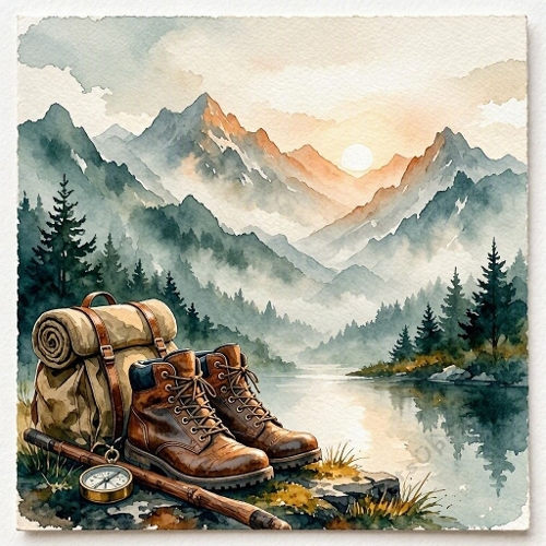 Seamless Aquarelle Mountain Adventure Pattern Hiking Boots Backpack Compass Lake Sunrise Nature 8K Premium Design