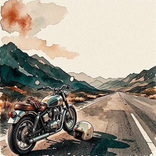 Seamless Aquarelle Motorcycle Road Trip Pattern Open Highway Mountains Helmet Adventure Freedom 8K Premium Design