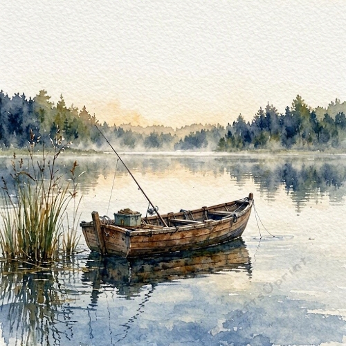 Seamless Aquarelle Lake Rowboat Fishing Pattern Mist Forest Reflections Calm Nature Scene 8K Premium Design