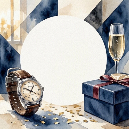 Seamless Aquarelle Celebration Watch Gift Pattern Champagne Box Geometric Blue Gold Festive Scene 8K Premium Design