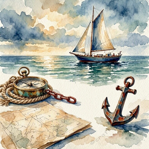 Seamless Aquarelle Nautical Compass Sailboat Pattern Anchor Map Rope Sea Adventure 8K Premium Design