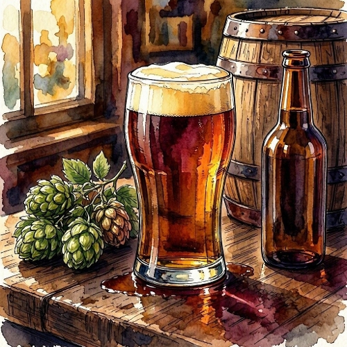 Watercolor Beer & Hops – 1024×1024 Pint Glass, Bottle & Wooden Barrel Scene