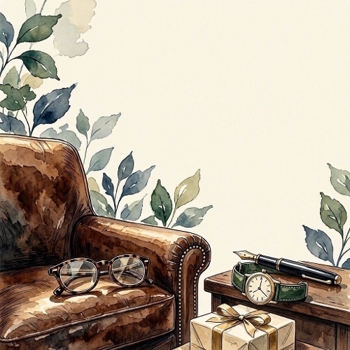 Watercolor Gentleman Desk – 1024×1024 Leather Armchair, Watch & Pen Scene