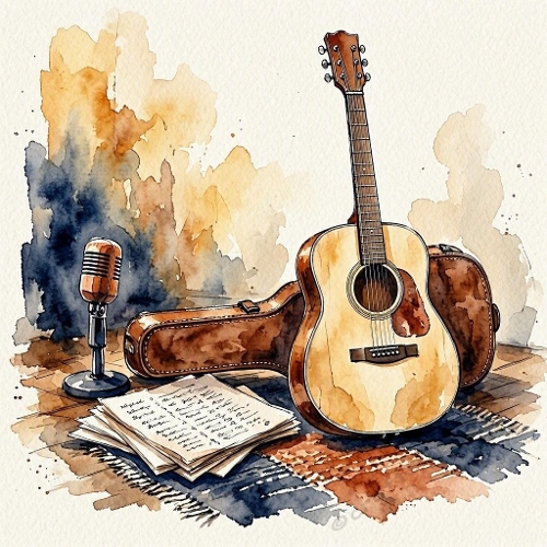 Watercolor Acoustic Guitar – 1024×1024 Guitar, Microphone & Sheet Music Scene