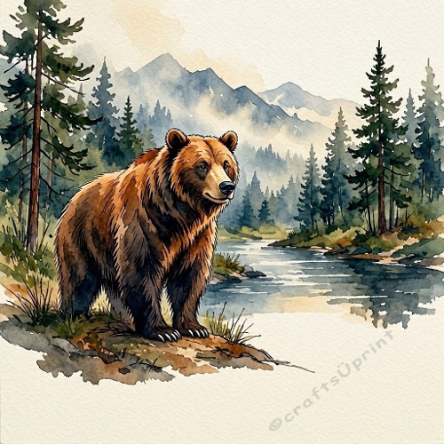 Seamless Aquarelle Brown Bear River Forest Pattern Evergreen Mountains Mist Nature Scene 8K Premium Design