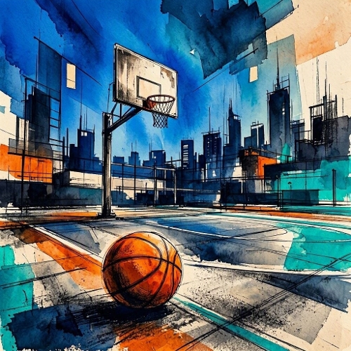 Seamless Aquarelle Basketball Urban Court Pattern City Skyline Ball Street Sport Dynamic 8K Premium Design