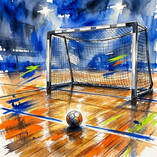 Seamless Aquarelle Indoor Soccer Futsal Pattern Ball Goal Court Wood Floor Dynamic Arena 8K Premium Design
