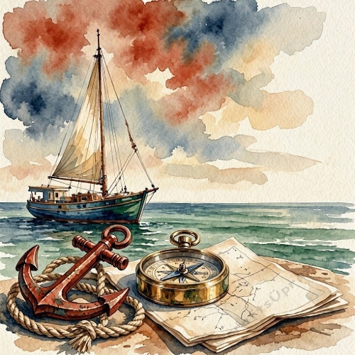 Watercolor Sailboat – 1024×1024 Anchor, Compass & Nautical Map Scene