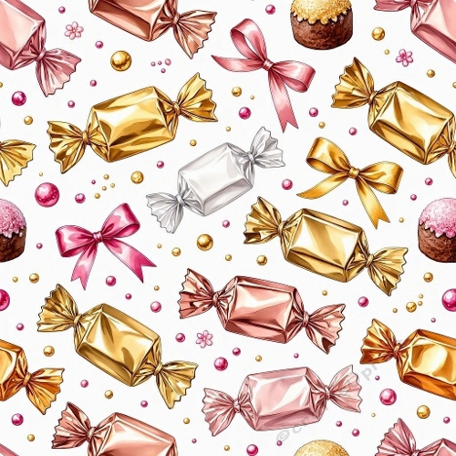 Seamless Aquarelle Candy Cupcake Pattern Metallic Sweets Bows Pink Gold Festive Dessert Scene 8K Premium Design