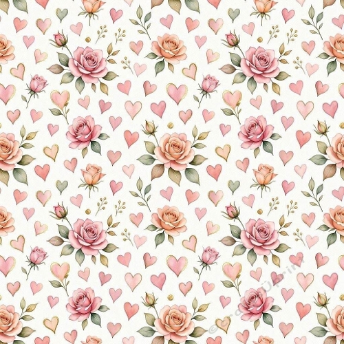 Seamless Aquarelle Rose Heart Pattern Pink Peach Floral Green Leaves Gold Romantic Scene 8K Premium Design