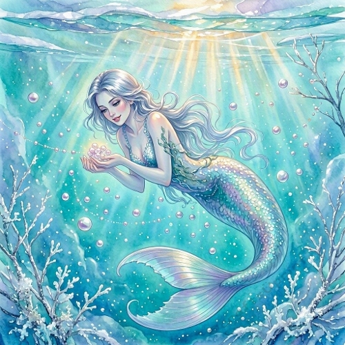 Seamless Aquarelle Mermaid Underwater Pattern Pearls Coral Silver Hair Iridescent Fantasy Ocean 8K Premium Design