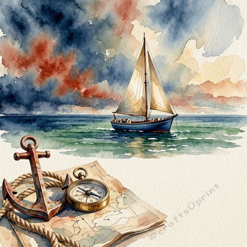 Seamless Aquarelle Nautical Sailboat Anchor Pattern Compass Rope Map Sea Adventure 8K Premium Design