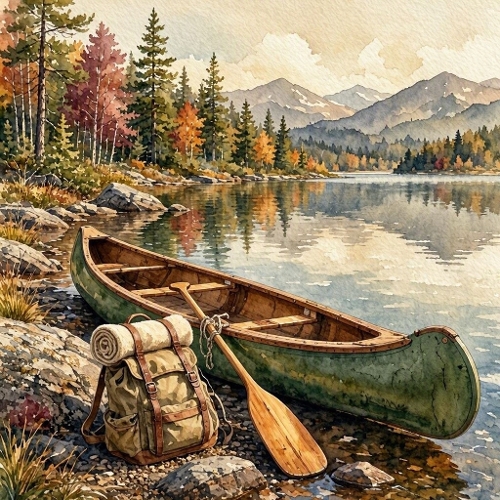 Seamless Aquarelle Canoe Lakeside Pattern Autumn Forest Mountains Backpack Paddle Nature Scene 8K Premium Design